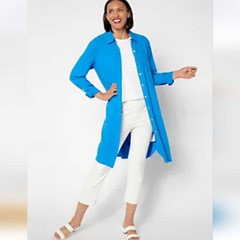 Susan Graver PURE Regular Linen Blend Button Front Duster Blue 2X